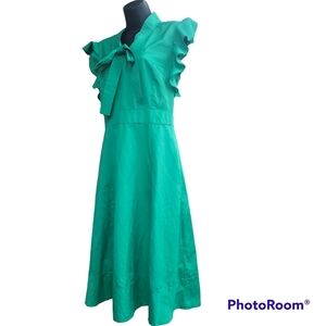 Women Green A-Line Midi Butterfly Short Sleeves Dress Ladies Tie Bow Medium.